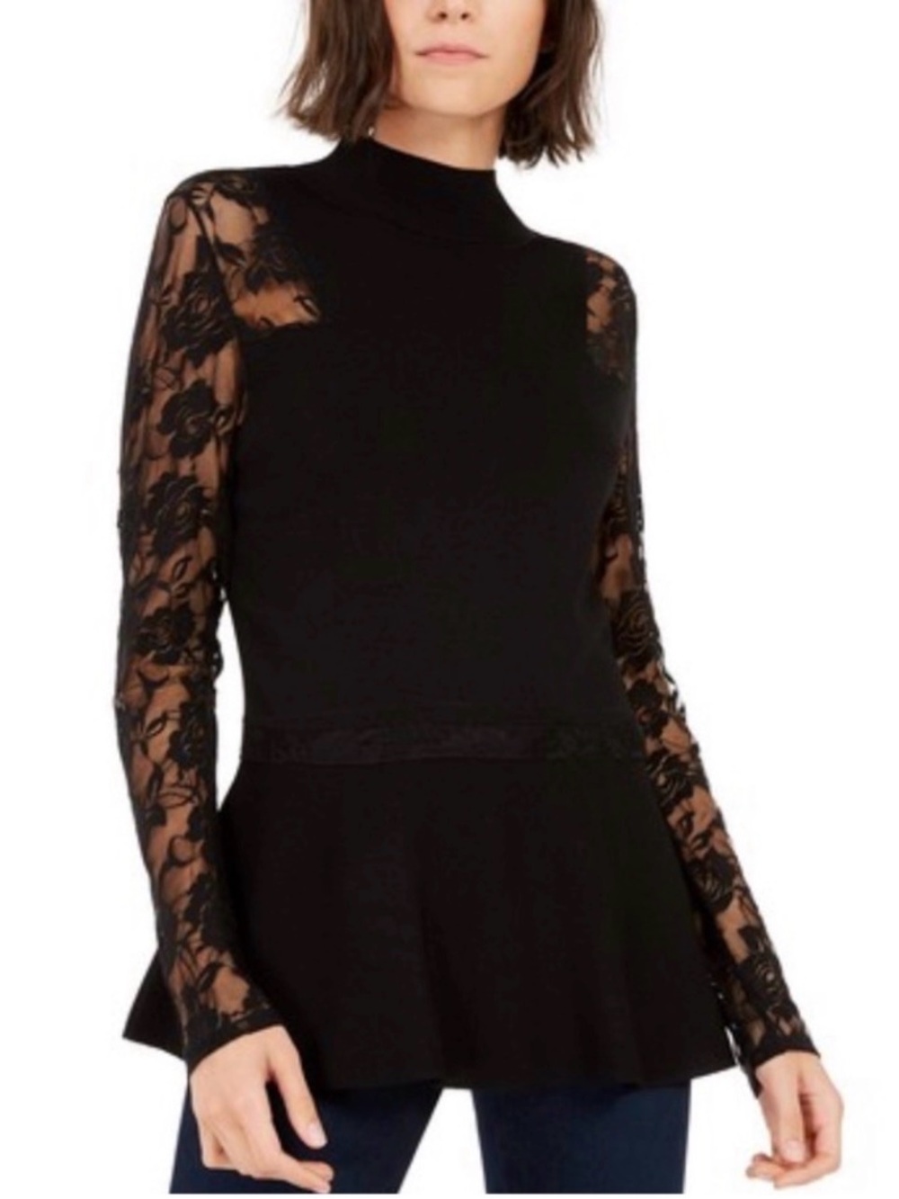 Black Lace-Sleeve Peplum Dress - Women